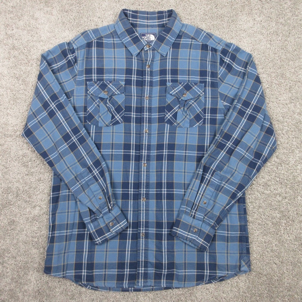 The North Face Shirt Mens Large Blue Twill Flannel Outdoor Hiking Button Up EUC‎